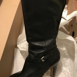 Nine West Aggy black knee high leather heel boots, size 7.5